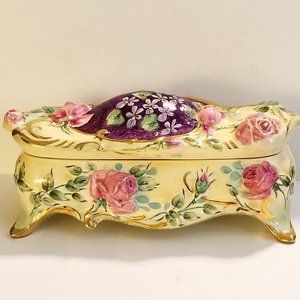 Hand-Painted Porcelain Trinket Box With Goldtone Trim 9.5" x 4"